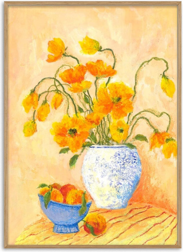 Poppies And Peaches by Deblina Dey - orange poppies in a blue-and-white jar with a bowl of peaches