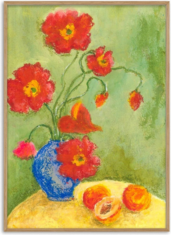 Poppies by Deblina Dey - red poppies in a blue vase with apricots on a yellow table