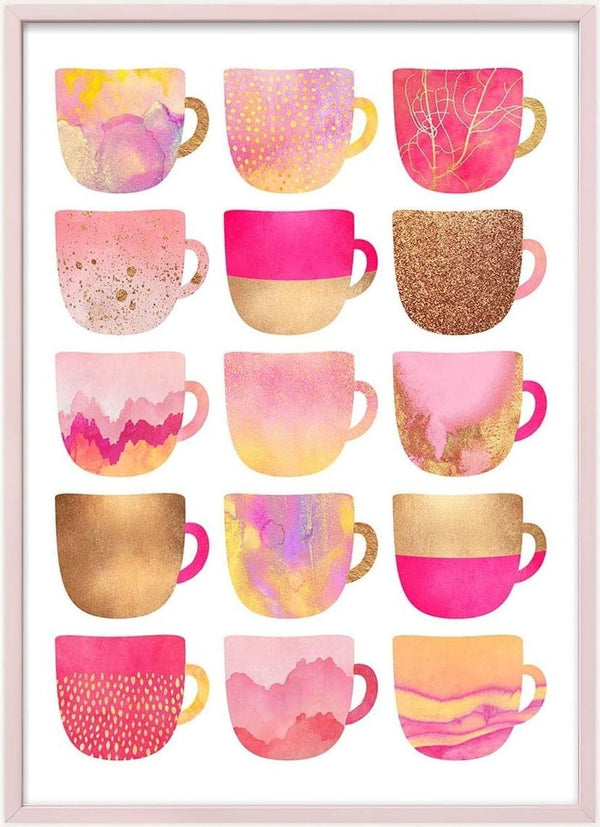 Assorted pretty pink coffee cups with various artistic patterns, shown in a grid on a white background.