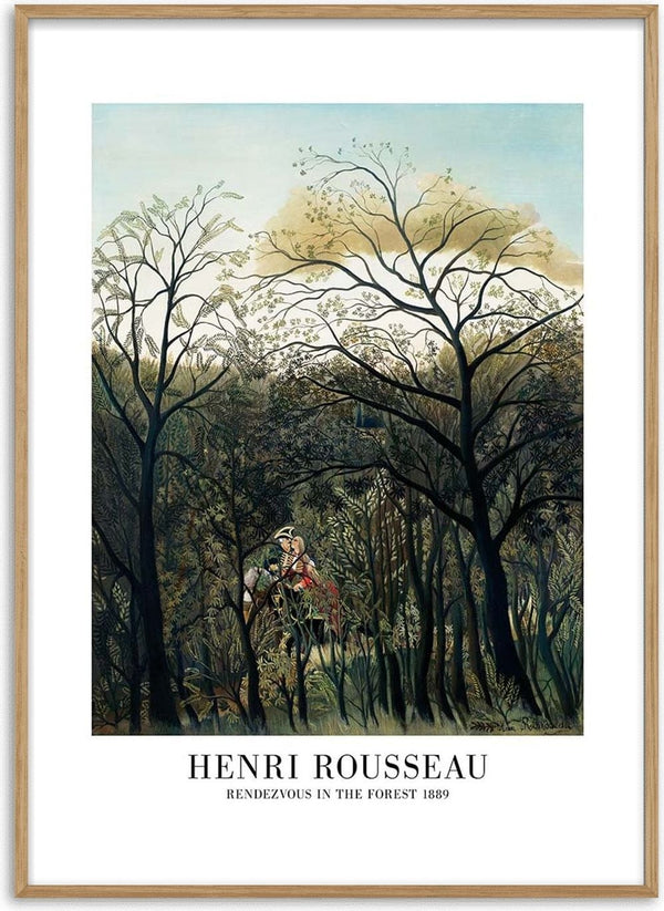 Rendezvous In The Forest by Henri Rousseau, featuring dense trees and two figures meeting in a lush forest.