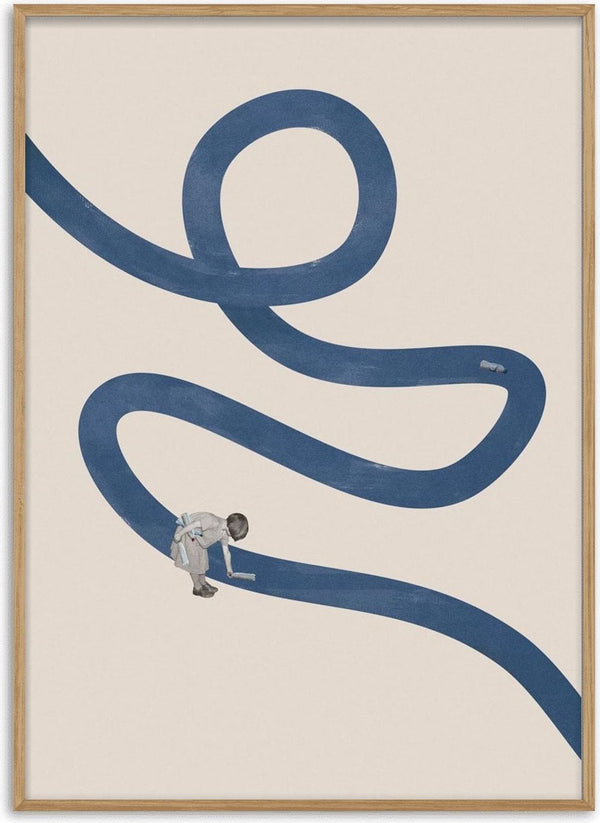 A person cleans a winding blue river on a minimalist beige background. River cleanse by Maarten Léon.