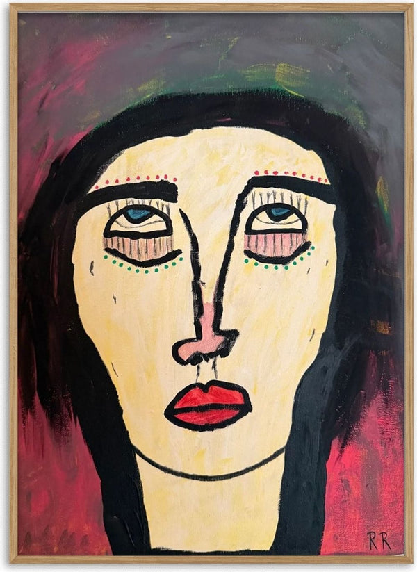 Rock n Roll by RR - a pale face with red lips and black hair against a dark crimson ground