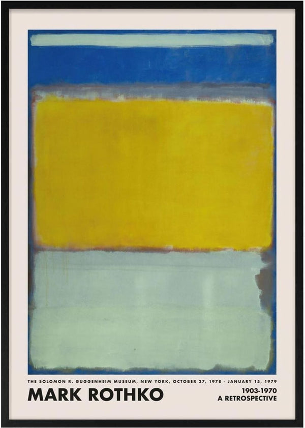 Abstract painting by Mark Rothko featuring bold blue, yellow, and green color blocks on a cream background.