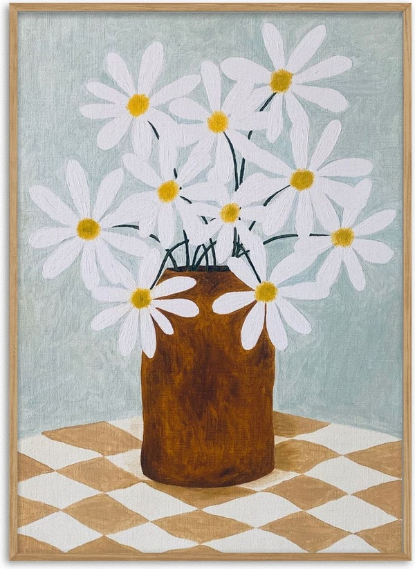 Rutig duk med brun vas by Rebecka Hansson - white daisies in a brown vase on a beige checked cloth