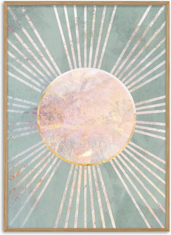 Sage green boho sun rays art print featuring a radiant pastel sunburst on a textured background.