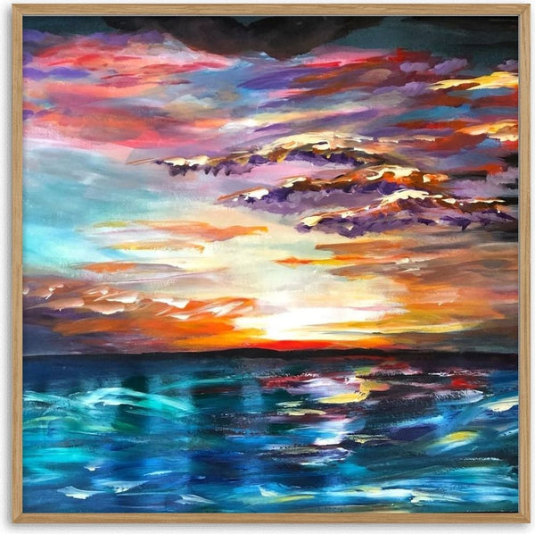 Sky meets Sea by Debbie Seenan - gold sunset over turquoise sea under pink and purple clouds