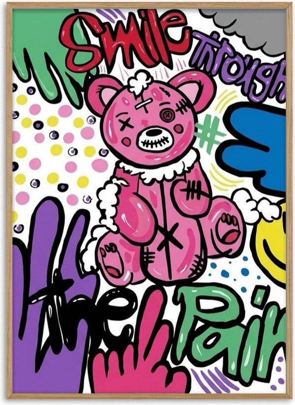 Smile Through The Pain by Bibi - a stitched pink teddy bear in graffiti lettering and dots