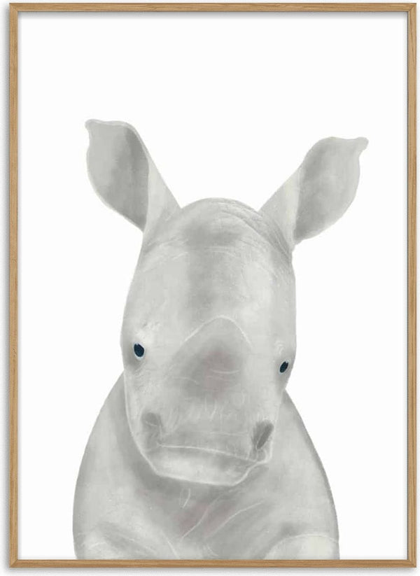 Cute illustrated baby rhinoceros with big ears, designed for children's rooms.