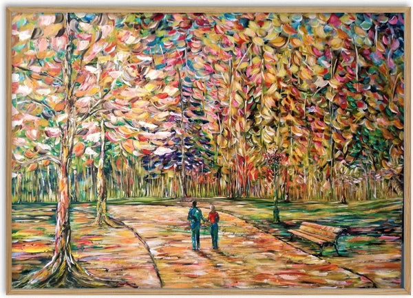 Spring walking by the park by William Cáceres - couple walking a park path under colourful impasto trees