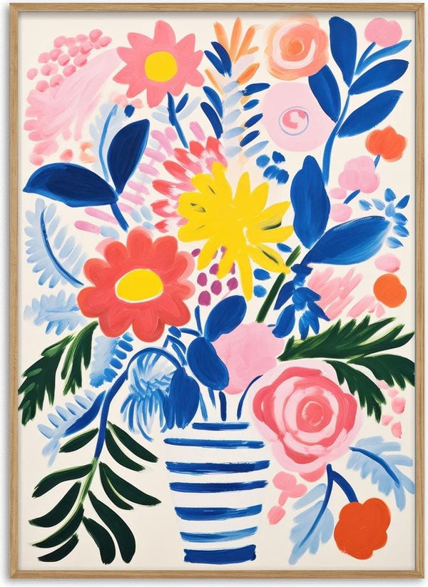 Colorful modern flower arrangement in a striped vase, artwork by David Wolf.