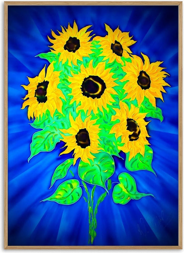 Sunflowers by Walter Zettl - eight yellow sunflowers with green leaves on a radiating deep blue ground