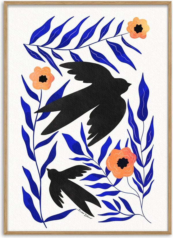 Two black swallows fly among blue leaves and orange flowers, representing Swallow Flowers - Baroo Bloom.