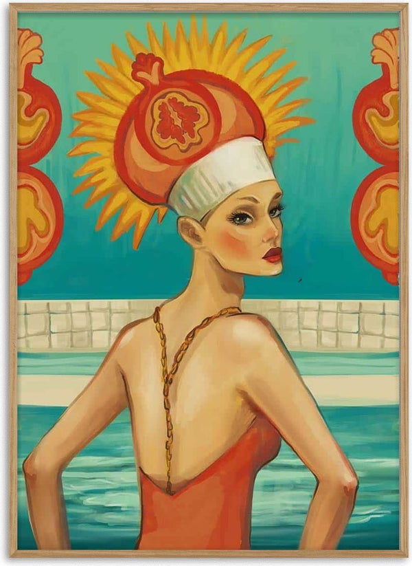 Woman in a swimsuit and ornate headpiece stands by a pool, art by Martina Karlsson for Swimmingpool product page.