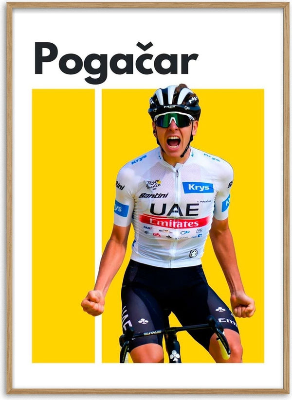 Tadej Pogačar celebrating in UAE Team Emirates cycling kit, featured on a yellow background poster.