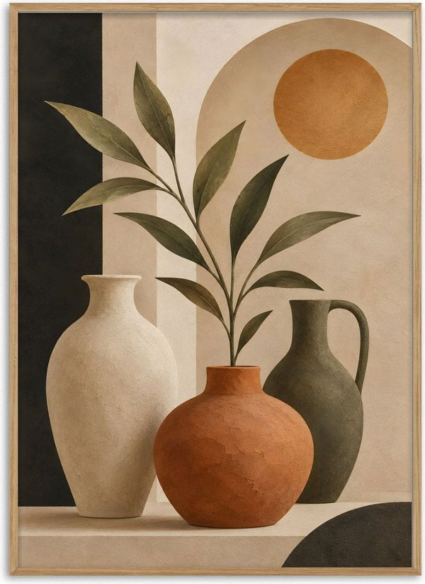 Terracotta Vase and Greenery by TimlessArtworks - cream and clay vessels with green leaves under an ochre sun