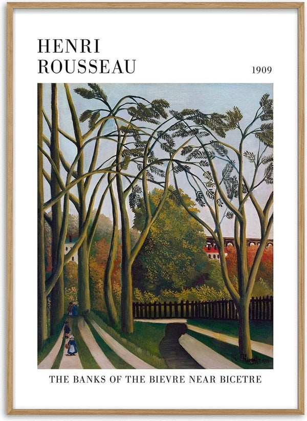 Painting of tall trees by a path, with figures walking and a red building in the background; art by Henri Rousseau.
