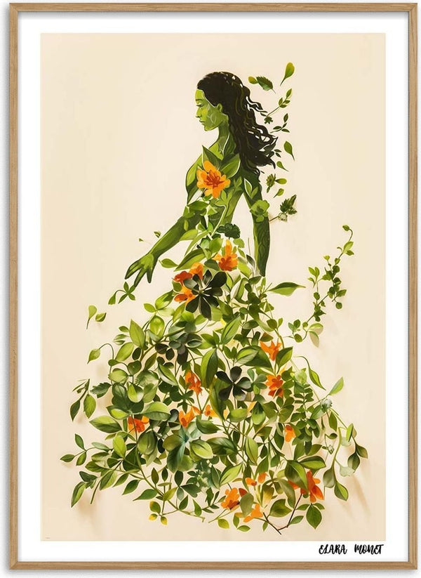 Art print of a woman with a dress and body made of green leaves and orange flowers, titled The Garden Muse.