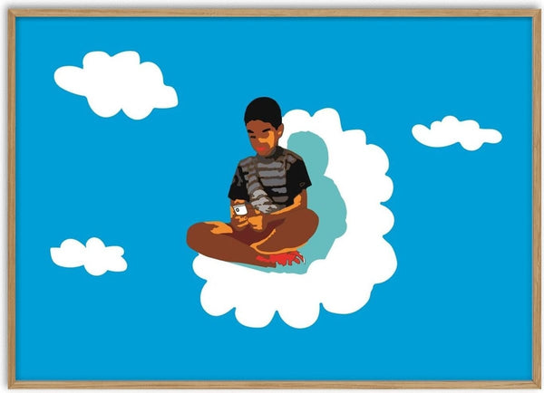 The kid on the cloud by Massimo Frascogna - a boy sitting on a white cloud with his phone in a blue sky