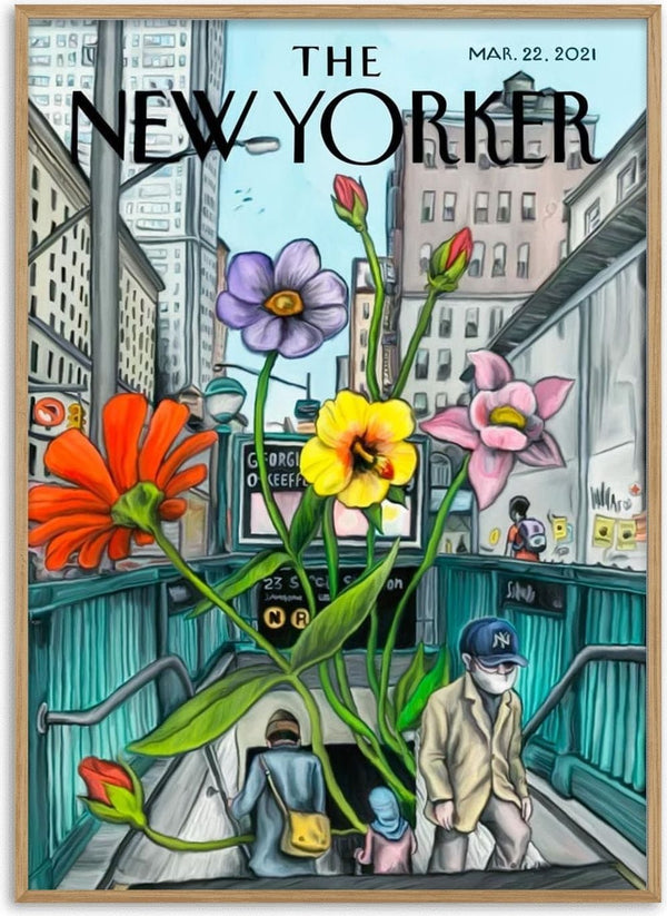 Illustration of giant colorful flowers growing from a subway entrance in New York City, with people walking by.