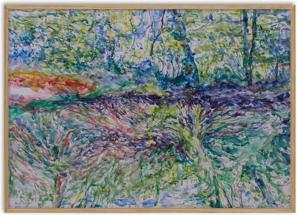 The Other Shore by Dana - river bank in short green and blue watercolour strokes