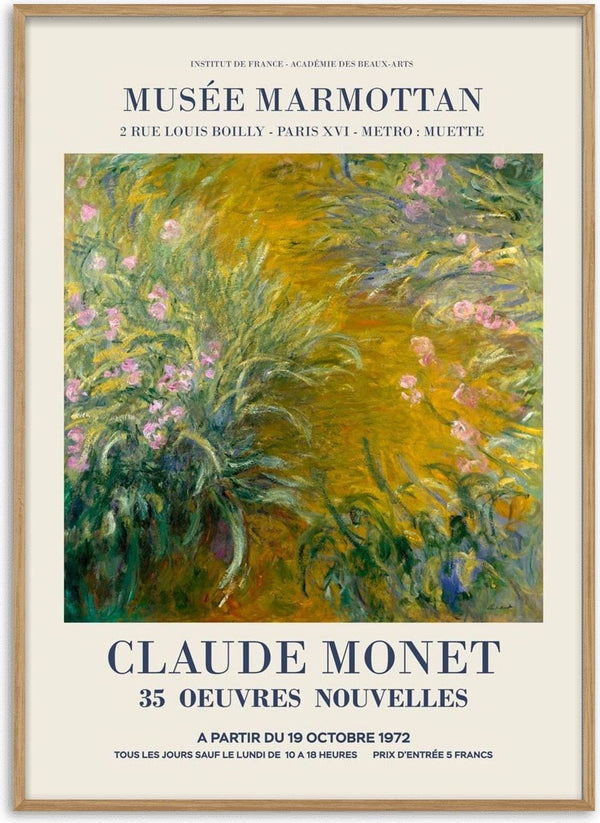 Impressionist painting of a garden path lined with irises, featured on Claude Monet’s product page.
