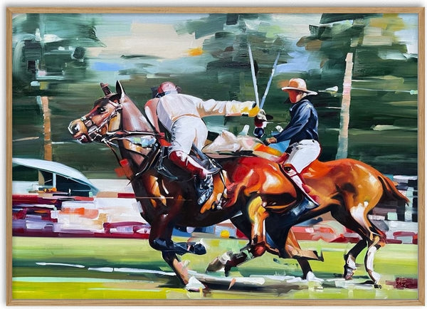 The players 1 by Adrian DeDea - two polo players racing on chestnut horses past blurred stands