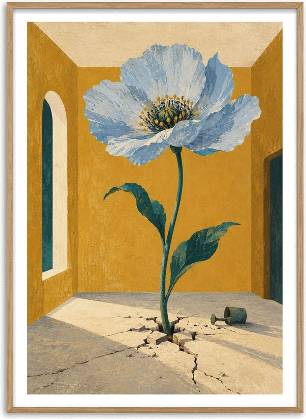 The Room That Bloomed by Matthews Gallerie - a blue poppy growing through a cracked floor in an ochre room