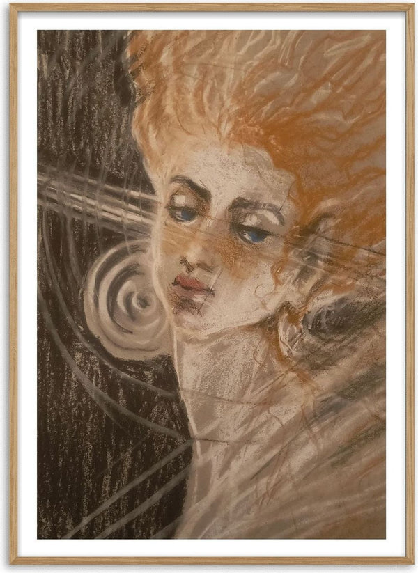 the strings of my soul by Mariia Nikolina - a pastel face with copper hair and violin strings across the cheek