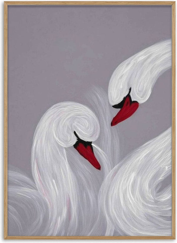 The Swirl of Us by Bibi - two white swans with deep red beaks on a soft grey ground