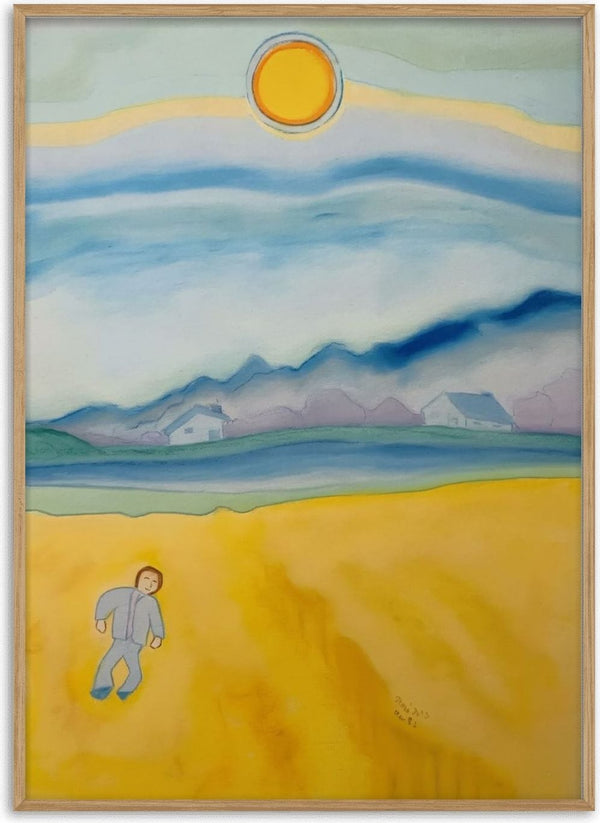 The Wheat Field by Gerard Ceulemans - pastel landscape of a small figure in a golden wheat field under a blue sky and bright sun