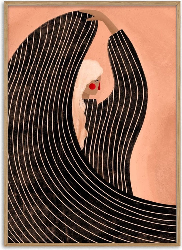 Abstract illustration of a woman in a flowing black dress with white lines, featured on "The Woman With the Black Dress."