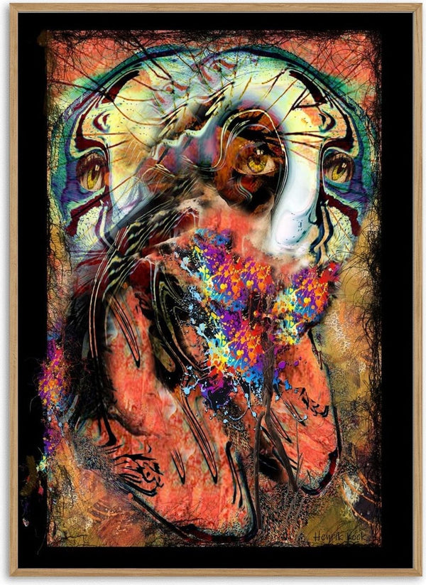 TogetherForever by Henrik Kock - overlapping faces with amber eyes and a spray of colour on a coral ground