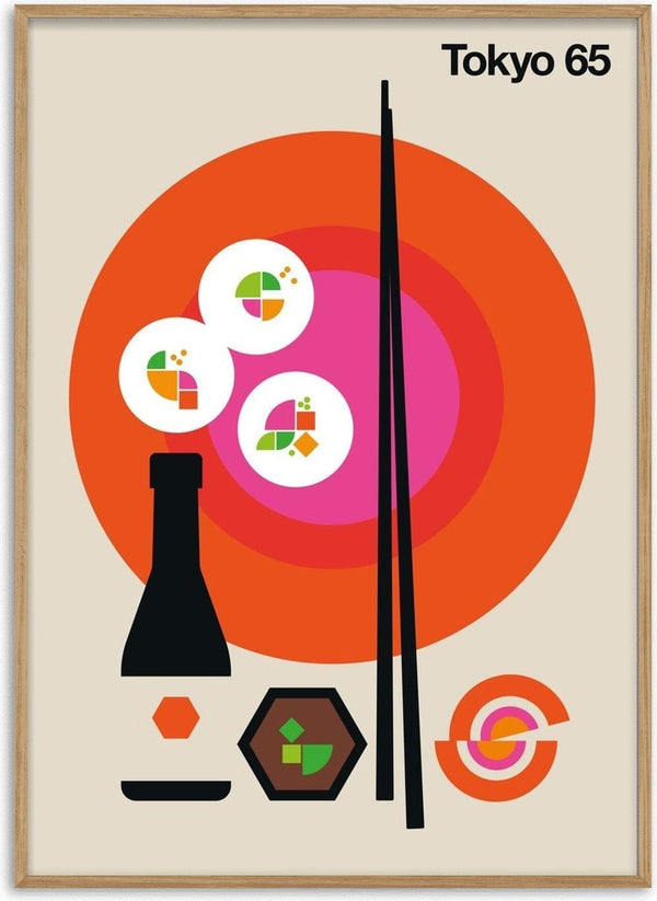 Tokyo 65 by Bo Lundberg - chopsticks, soy sauce and sushi against an orange and pink circle