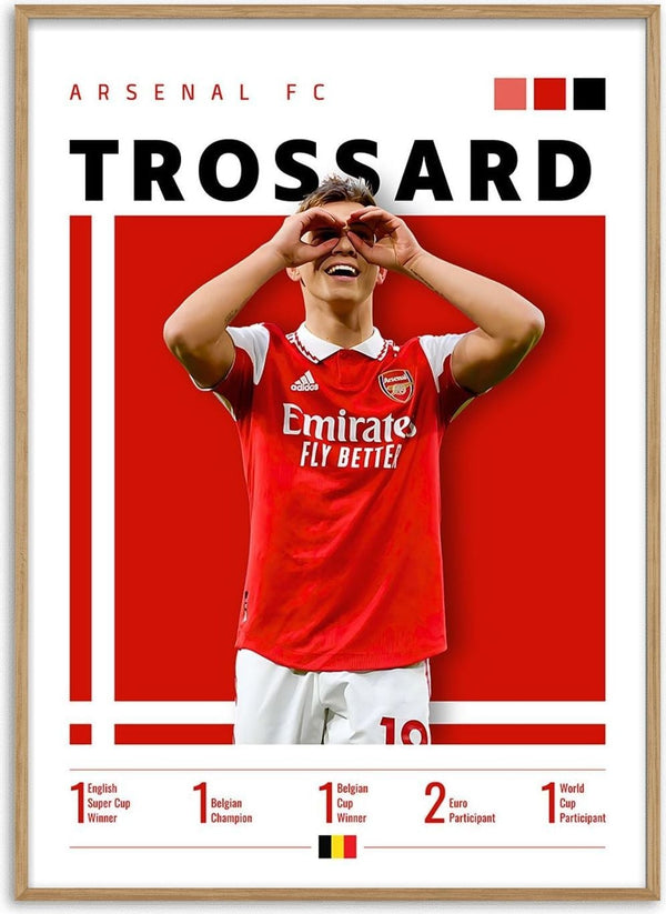 Poster of Trossard in an Arsenal kit celebrating, with club and career achievements listed below.