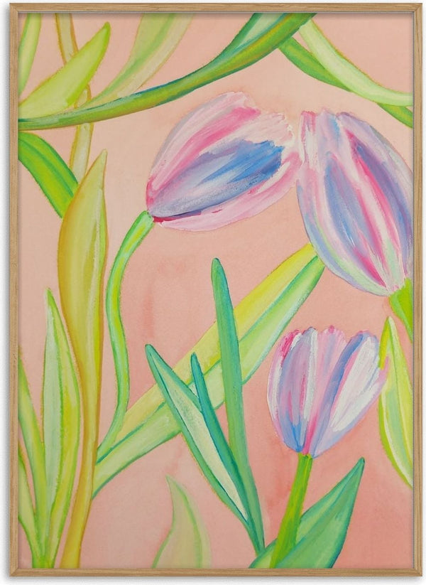 Tulipani viola by Maria Emanuela Fiori - three pink and violet streaked tulips on a pale apricot ground