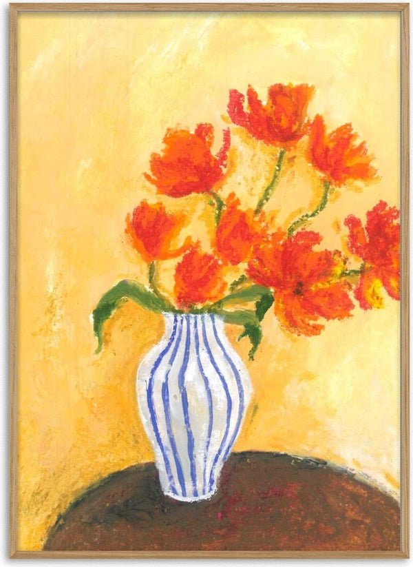 Tulips by Deblina Dey - orange-red tulips in a blue-striped vase on a dark brown table