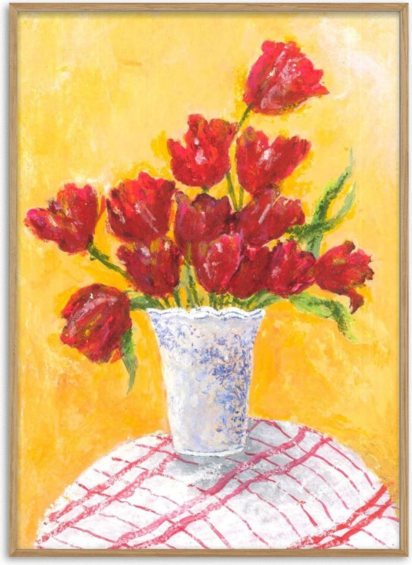 Tulips - II by Deblina Dey - deep red tulips in a white vase on a red-checked cloth