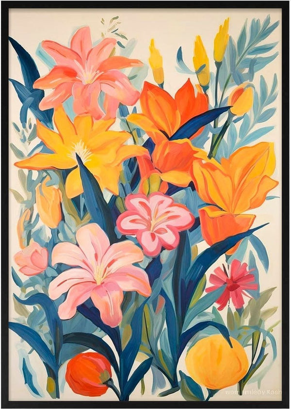 Colorful bouquet of pink, orange, and yellow tulips with green leaves in a vibrant painted style.