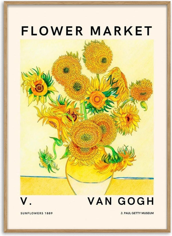 Poster of Van Gogh’s sunflowers in a vase with "Flower Market" text, featured on a product page.