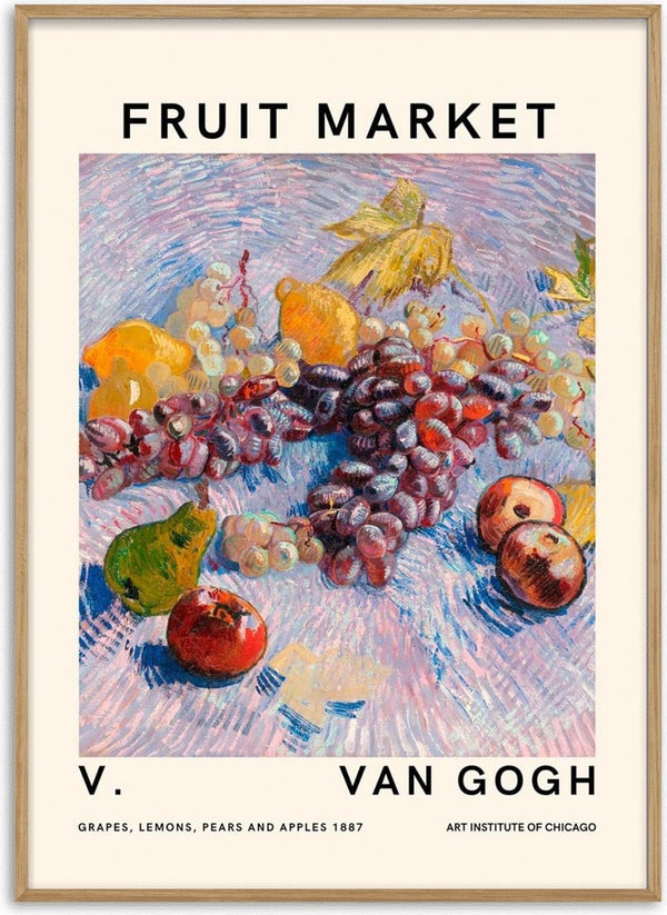 Van Gogh's Fruit Market No. 2 poster featuring grapes, lemons, pears, and apples on a textured background.