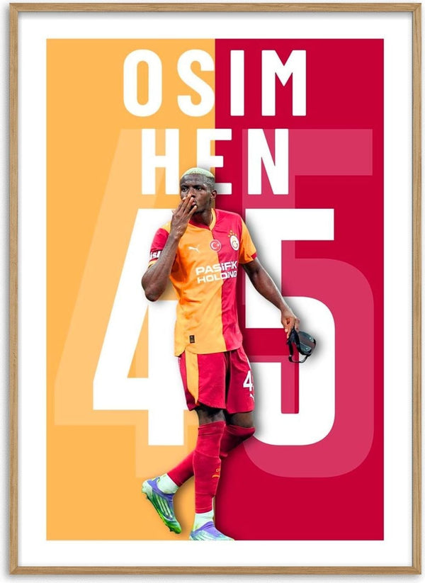 Victor Osimhen in a Galatasaray kit, standing in front of a split yellow-red background with "Osimhen 45" text.