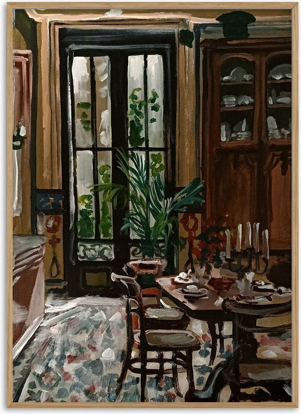 Vue de la cour depuis la salle à manger by Mariam De Giorgio - dining room with French doors, a set table and a china cabinet