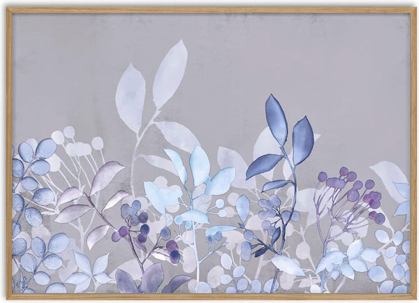Watercolor pastel garden in blue and lavender tones with delicate leaves and berries on a soft gray background.