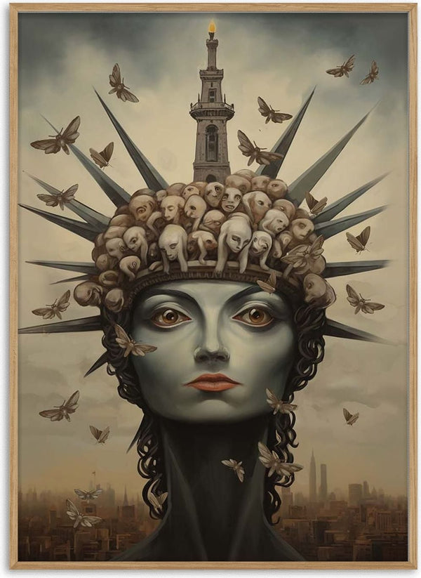 Surreal portrait of a woman with a crown of faces, a lighthouse, and flying moths; cityscape background.