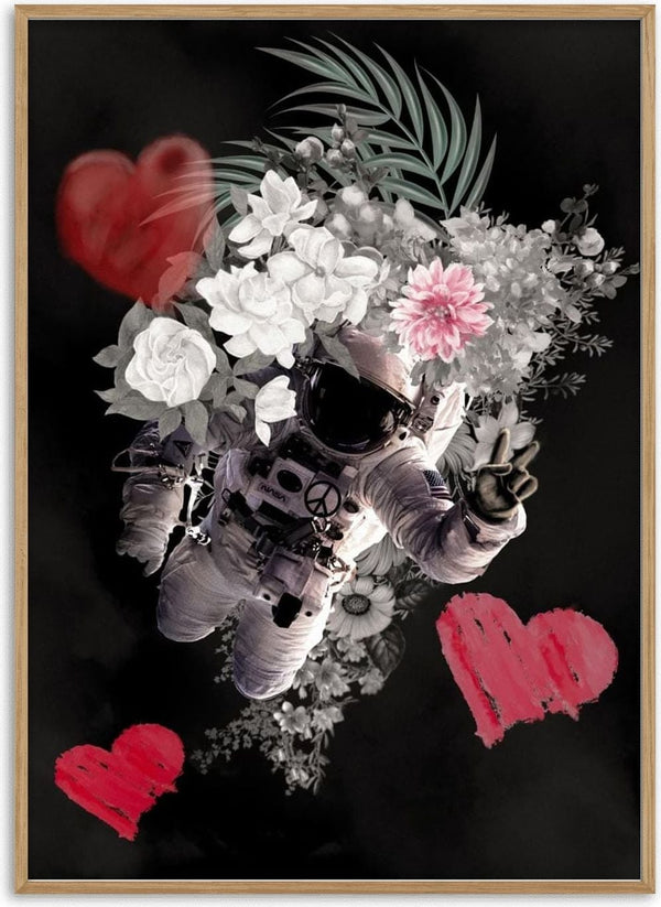 Astronaut giving a peace sign, surrounded by flowers and red hearts on a black background.