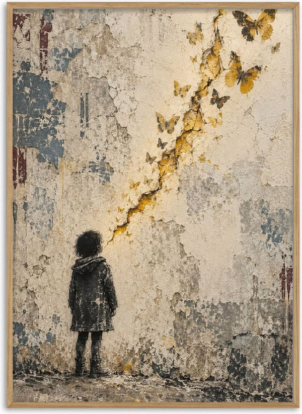 Where the Light Escapes by Matthews Gallerie — a child watching golden butterflies rise from a glowing crack in a concrete wall