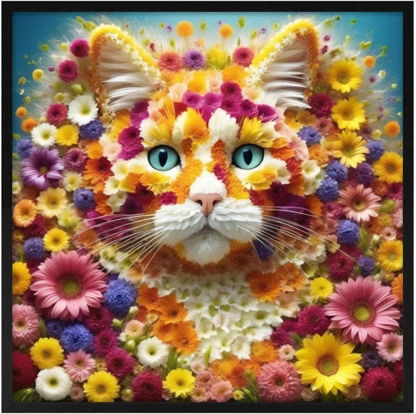 Wild Petals by Devour Art - a ginger cat's face assembled from marigolds and daisies on teal