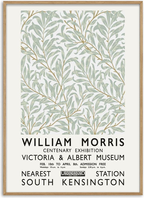 William Morris exhibition poster with leafy pattern, dates and location at Victoria & Albert Museum, South Kensington.