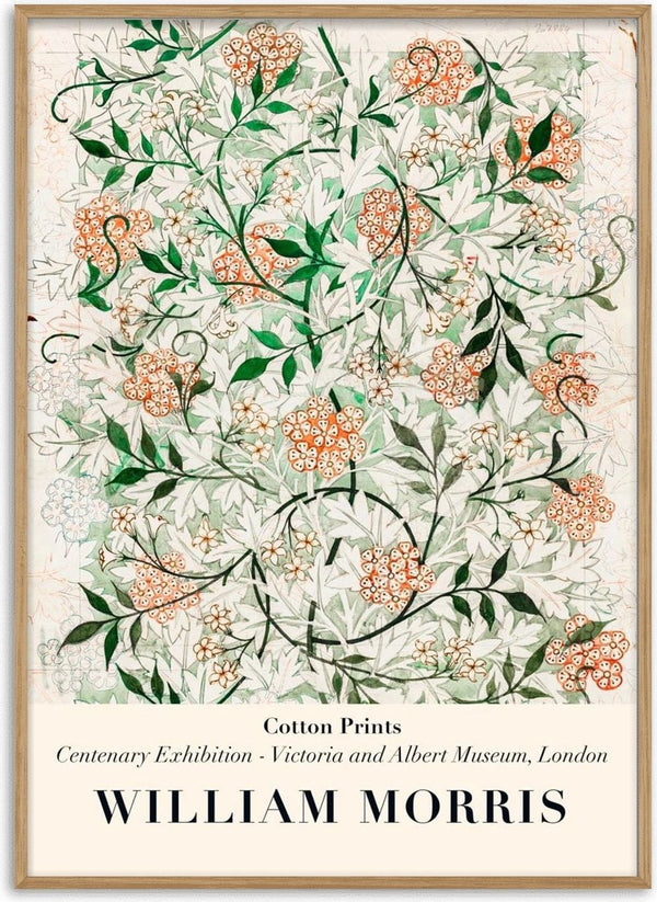 William Morris Jasmin Plakat featuring intricate floral patterns in green, orange, and white on a vintage background.