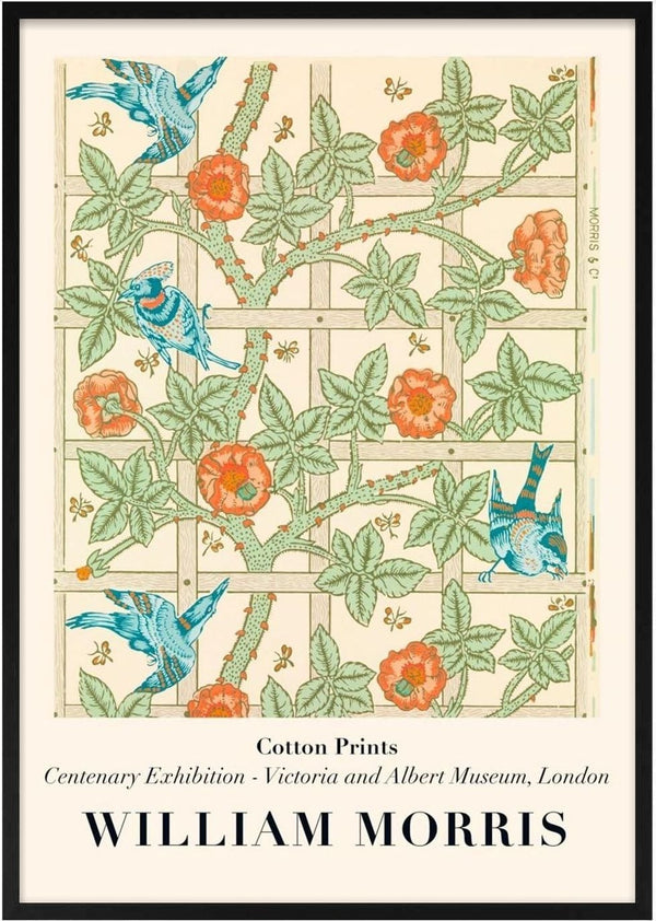 William Morris Trellis poster with blue birds, green leaves, and orange flowers on a cream grid background.